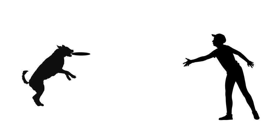 Man throws flying disk to dog grab with jaws silhouette 스톡 일러스트