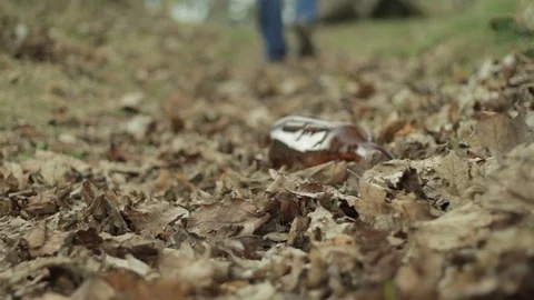 Man throws garbage into dry foliage Stock Footage 74871326