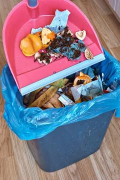 A man throws garbage from a scoop into a bucket. Up close Stock Photos