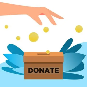 Man throws gold coins into a box for donations. Coins from hand. Donation box. Ilustração Stock