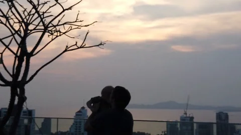 A man throws his two-year-old child into the air Stock Footage 104950004