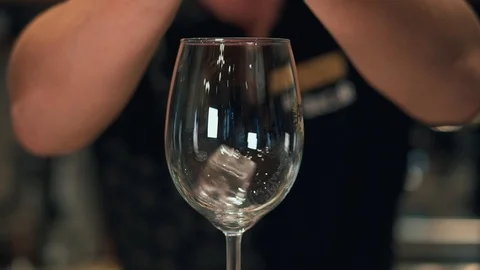 A man throws ice cubes into a glass. In a nightclub or pub, a professional Stock Footage 110796853