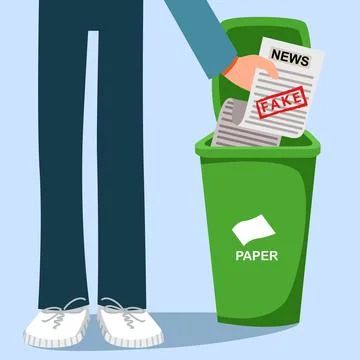 A man throws a newspaper into a trash can. Press article with fake, lies and Stock Illustration