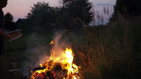 A man throws old newspapers, old clothes, tree branches in the fire Video stock 162412140