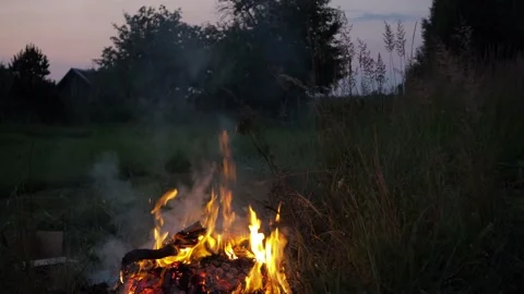 A man throws old newspapers, old clothes, tree branches in the fire Stock Footage 168966078