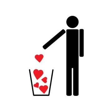 Man throws out a few red hearts in the trash Stockillustratie