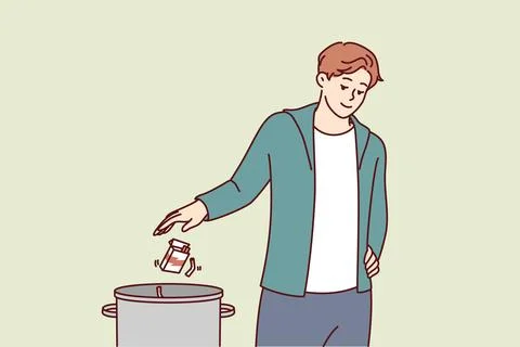 Man throws pack of cigarettes into trash can after quitting bad habit of smoking Stock Illustration