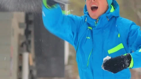 Man throws snowball close up Stock-Footage 134857114
