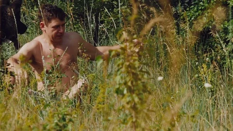 A man throws a stick German shepherd in the meadow and looks at the smartphone Stock Footage 111658025
