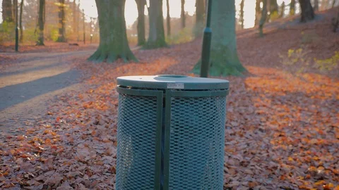 A man throws trash in a trash bin in a park Stock Footage 98937119