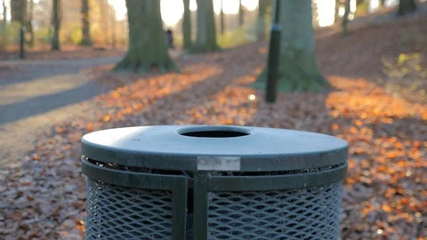 Man throws trash in a trash bin in a park Video stock 98958504