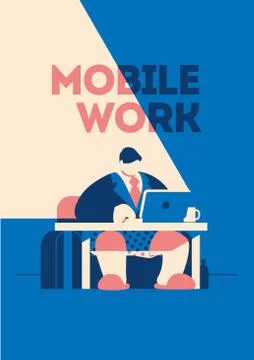 Man in the tie, jacket and pants is working at his laptop. Vector illustration. Stock Illustration
