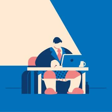 Man in the tie, jacket and pants is working at his laptop. Vector illustration. Stock-Illustration