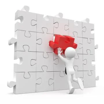 Man with tie, putting on a wall a red piece missing Stock Illustration