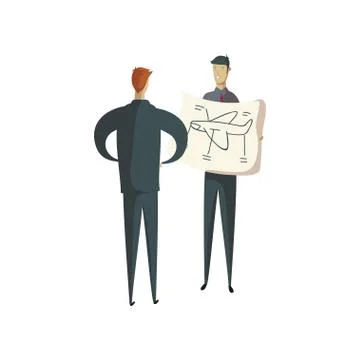 Man in a tie shows on a large sheet of paper the draft of the aircraft. Vector Illustrazione stock