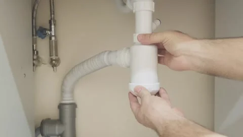 Man tightens plastic nut on sink drain siphon 스톡 동영상 271070253
