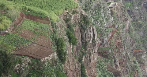 A man tills the soil on a constructed terrace plot above the steep sea cliffs Vídeos de archivo 239447536