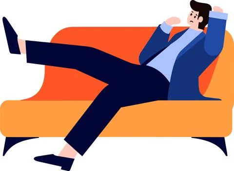 A man tired and lying down on couch in flat style isolated on background Stock Illustration