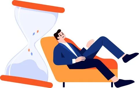 A man tired and lying down on couch in flat style isolated on background Stock Illustration