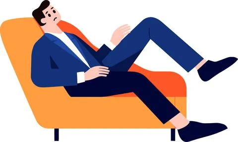 A man tired and lying down on couch in flat style isolated on background Stock Illustration