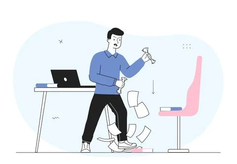 Man tired of work. Young guy in office throws papers in rage. Negative feelings Stock Illustration