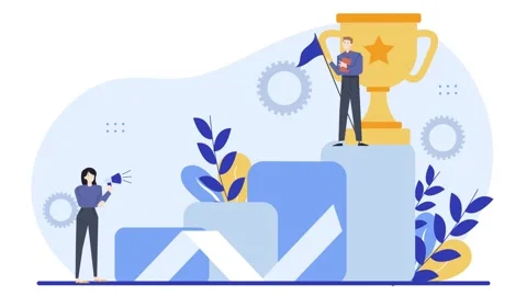 A man on the top of bar graphic with trophy business animated illustration video Stock Footage 282332072
