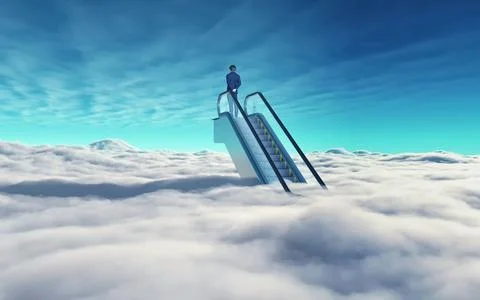 Man on top of escalators above clouds in the sky. Ilustração Stock