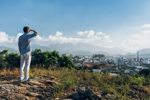 Man on a top of a hill Stock Photos