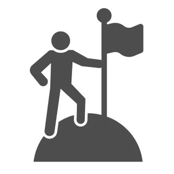 Man on top of mountain with flag solid icon. Discoverer, victory person symbol Stock Illustration