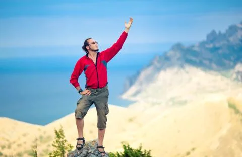 Man on top of mountain Stock Photos