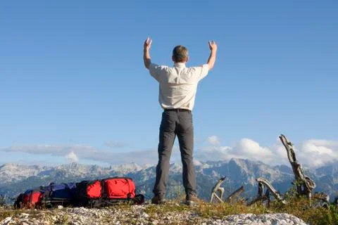 Man on top of mountain Stock Photos