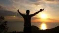 Man on Top of Mountain. Uplifting Freedom Concept. Slow Motion. HD Footage