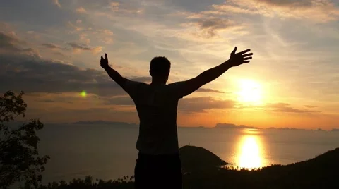 Man on Top of Mountain. Uplifting Freedom Concept. Slow Motion. Stock Footage