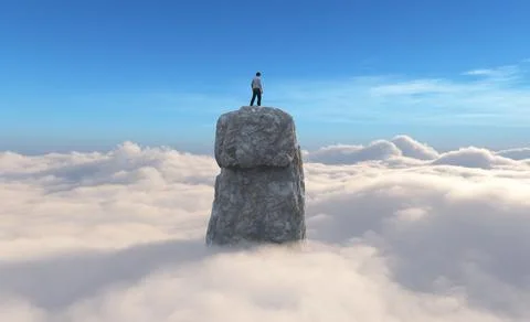 Man on top of a rock above the cloud ceiling. Stock Illustration