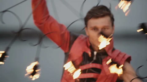 Man with torch fire show. slow motion Vídeo Stock 113703885