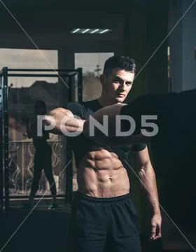 Man With Torso Muscular Macho And His Reflexion In Mirror Background Sportsman Hi Res 91303333