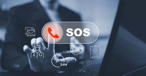 Man touch button Emergency app in home, call phone, Chat message icon, Emerge Stock Photos