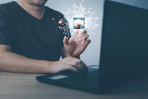 Man touch cloud computing diagram show on hand.Data storage.Digital technol.. Stock Photos