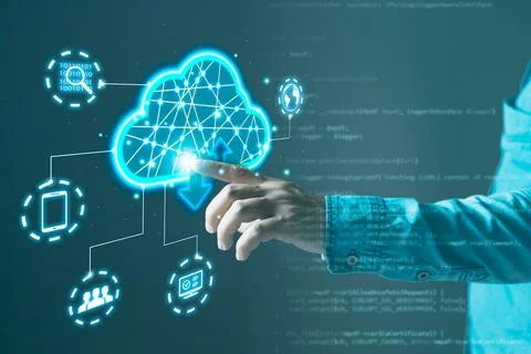 Man touch cloud computing diagram show on hand.Data storage.the use of onli.. Foto stock