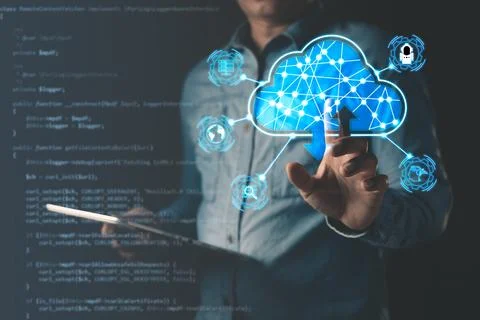 Man touch cloud computing diagram show on hand.Data storage.the use of onli.. Foto stock