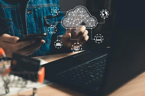 Man touch cloud computing diagram show on hand.Data storage.the use of onli.. Stock Photos