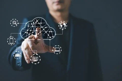 Man touch cloud computing diagram show on hand.Data storage.the use of onli.. 스톡 사진