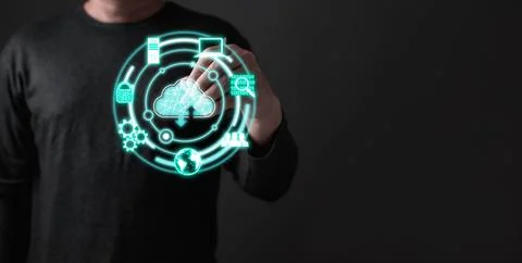 Man touch cloud computing system diagram show on hand.Data storage.Digital .. Stock Photos