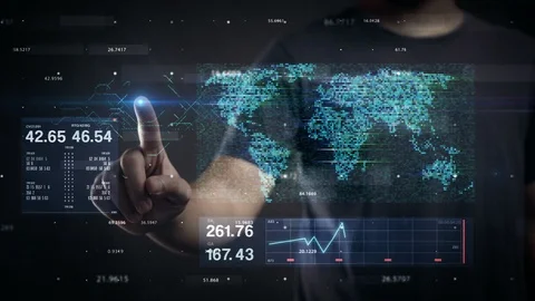 Man Touch Digital Screen Revealing World Map Data. HUD Hologram Video stock 124288796