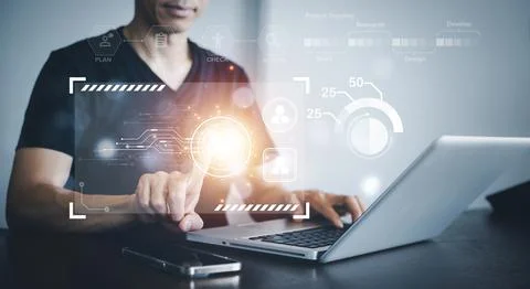 Man touch graph Screen Icon of a media screen, Technology Process System Busi Stock Photos