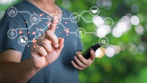 Man touch hologram screen to save energy,and reduce global warming,sustaina.. Stock Photos