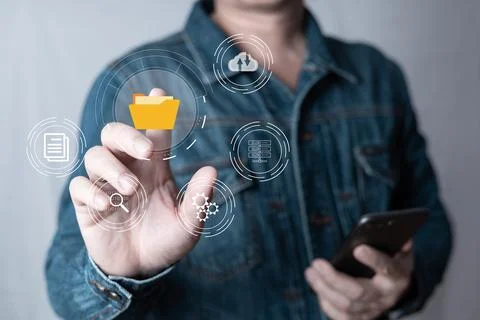 Man touch screen to manage data,Document Management System (DMS),knowledge .. Stock Photos