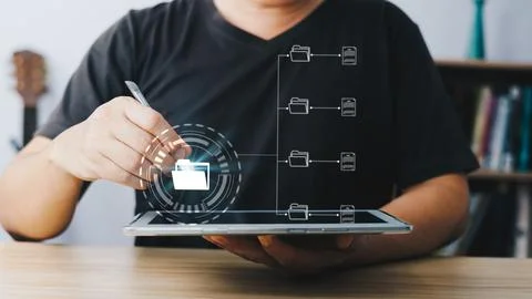 Man touch screen to manage data,Document Management System (DMS),knowledge .. Stock Photos