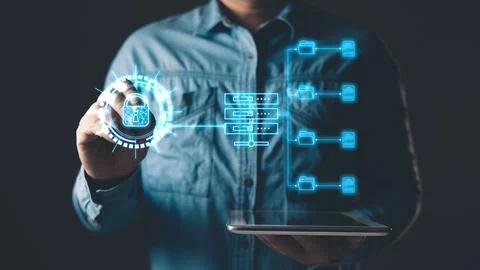 Man touch screen to manage data,Document Management System (DMS),knowledge .. Stock Photos