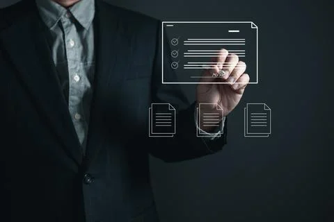 Man touch screen to manage data,Document Management System (DMS),knowledge .. Stock Photos